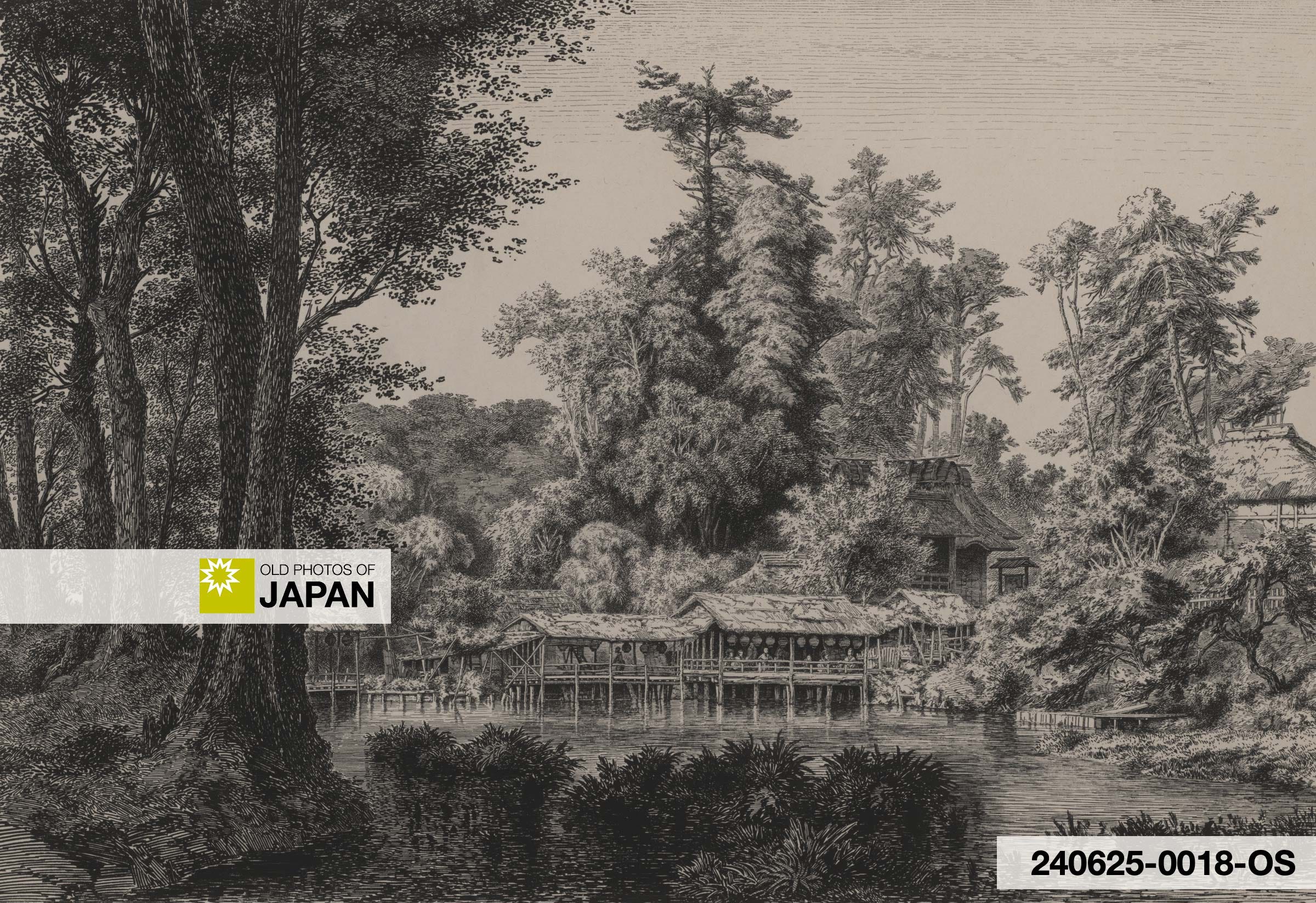 Lithograph of teahouses at Jūnisō Pond near Edo (Tokyo), 1860