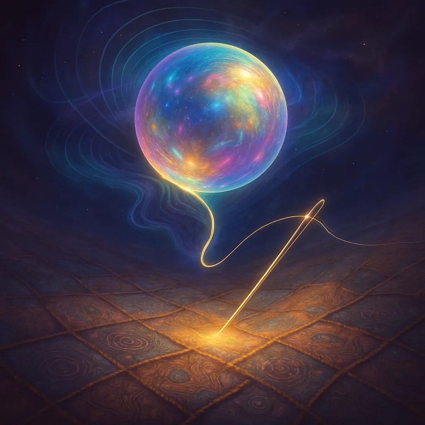 A glowing cosmic sphere filled with swirling galaxies hovers above a golden needle stitching light into a patterned fabric, symbolising consciousness weaving reality through threads of time and recognition.