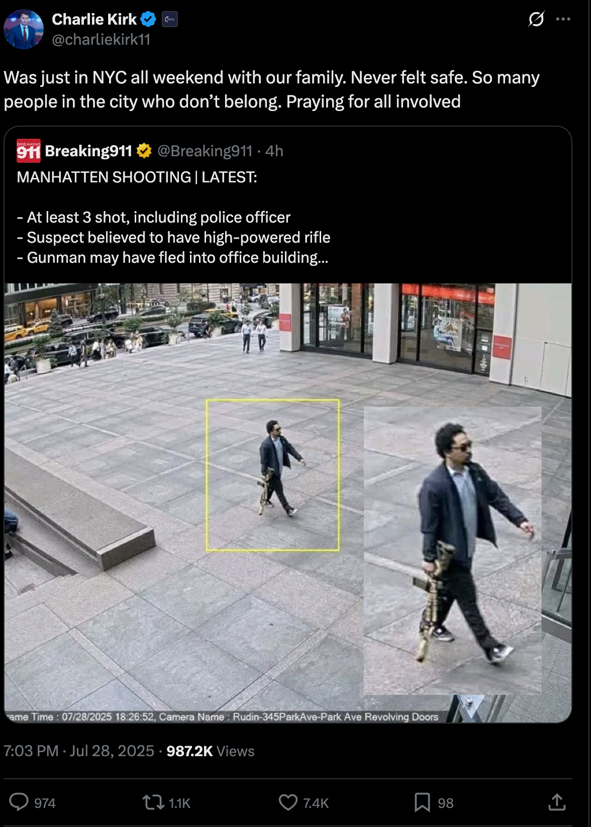 Was just in NYC all weekend with our family. Never felt safe. So many people in the city who don’t belong. Praying for all involved Was just in NYC all weekend with our family. Never felt safe. So many people in the city who don’t belong. Praying for all involved