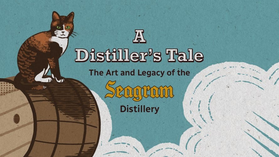 Poster for A Distiller's Tale exhibit with a cat sitting on a barrel surrounded by clouds