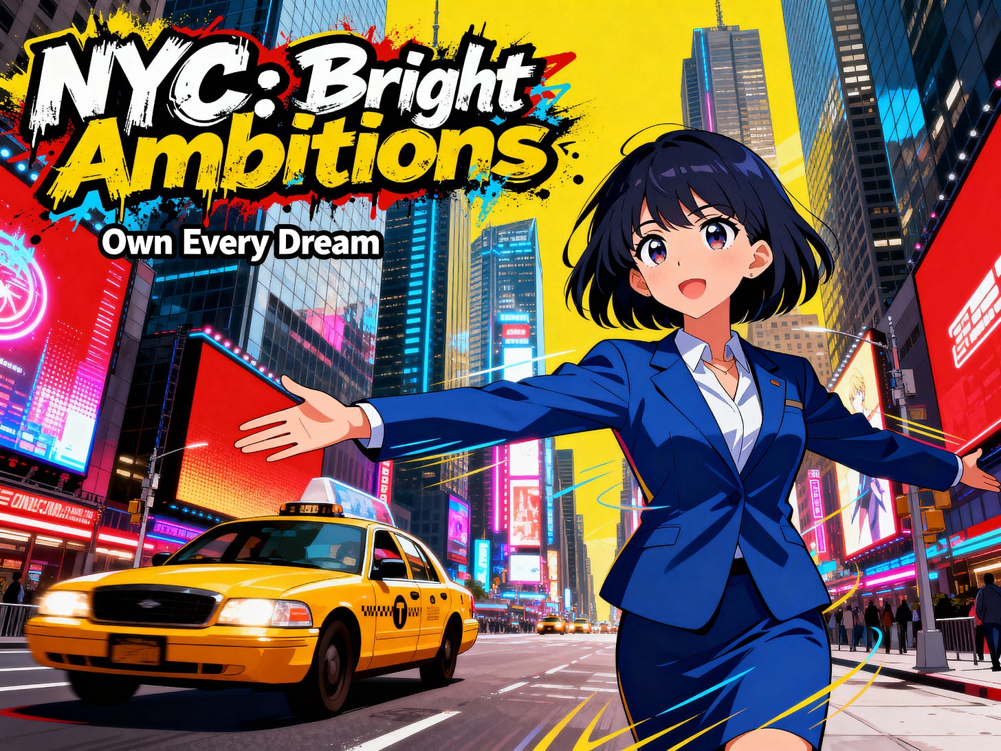 Prompt Enhanced: An energetic poster for New York City unfolds, featuring a dynamic scene with an anime-style businesswoman in the midst of hailing a taxi. The central figure is a young woman with large, expressive eyes and dark hair styled in a bob, wearing a professional blue business suit with motion lines indicating movement. She stands on a bustling street, her arms outstretched as she calls for a classic yellow taxi cab that is approaching. In the background, towering skyscrapers with sleek, anime-inspired architecture rise into the sky, adorned with vibrant, glowing billboards and neon signs characteristic of Times Square. Across the top of the poster, the text "NYC: Bright Ambitions" is displayed in a large, stylized urban graffiti font, with spray-paint-like edges. Below this main title, the tagline "Own Every Dream" is written in a smaller, clean font. The entire composition is rendered with saturated colors, dominated by bright yellows, reds, and sharp blues. The overall presentation is a fusion of anime illustration and graphic design.