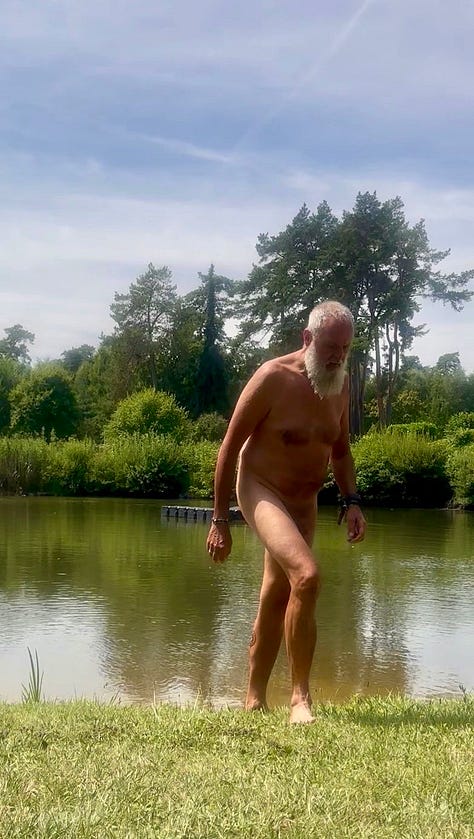 Six-photo collage of Skinny Dip Day participants: Jim with long hair and beard poses under a tree in Wisconsin; John smiles while sitting nude in a creek in Alabama; Elizabeth shows her Naturist Symbol tattoo from behind while bathing in a creek; Bernd walks from a pond at Lichtbund in Germany; Morgan wears a cowboy hat indoors at Turtle Lake in Michigan; and Joel stands smiling in a sunlit backyard pool, location unknown.