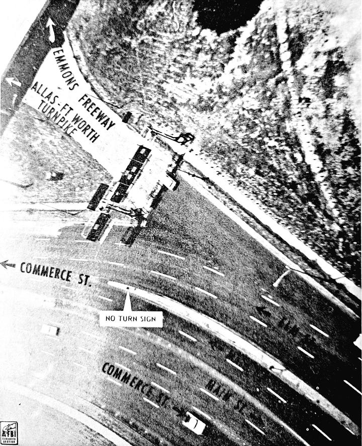 Clockwise: Aerial View of Dealey Plaza, c. 1963; "Freeway Convergence at Triple Underpass Dallas, Texas" - Commission Exhibit No. 2113; "Plan View of Freeway Convergence West of Triple Underpass Dallas, Texas" - Commission Exhibit No. 2115; "Aerial View (500 Ft. Altitude) of Freeway Convergence at Triple Underpass Dallas, Texas" - Commission Exhibit No. 2116
