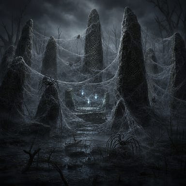 Phase spiders lair with ethereal webs and ancient stones