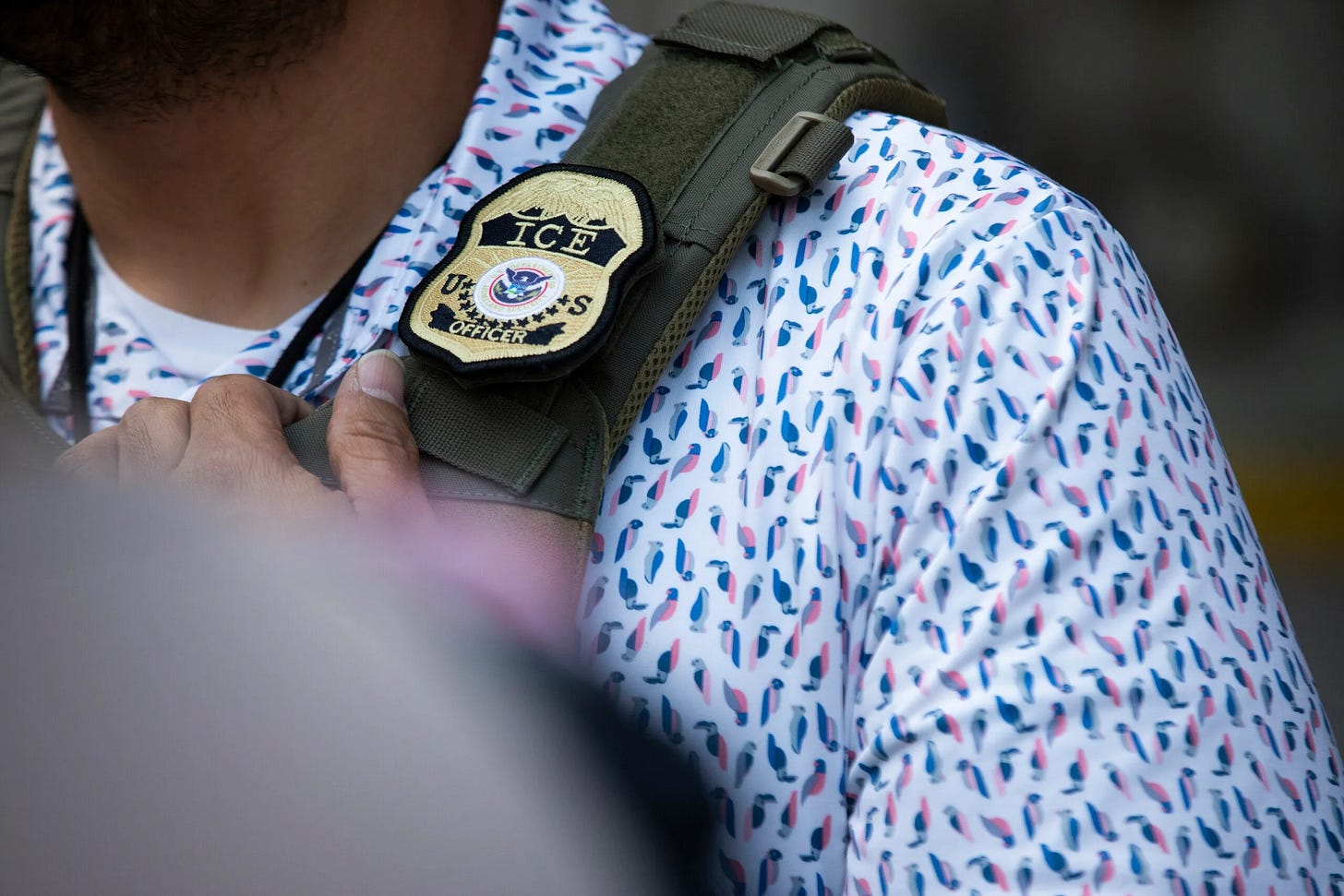 A U.S. Immigration and Customs Enforcement agent’s badge is seen in front of the J.J. Pickle Federal Building in Austin on April 1, 2025 (Texas Tribune photo by Eddie Gaspar) A U.S. Immigration and Customs Enforcement agent’s badge is seen in front of the J.J. Pickle Federal Building in Austin on April 1, 2025 (Texas Tribune photo by Eddie Gaspar)