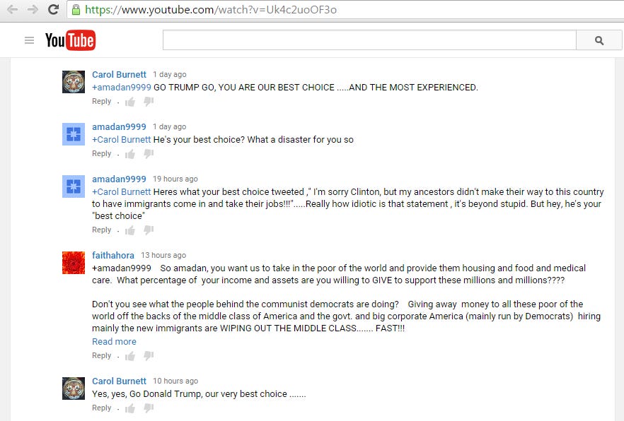 Youtube comment with fake Trump quote 2