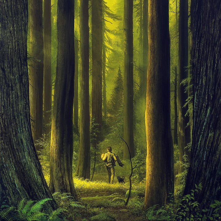 LEFT: Detail from THE CLEARING featuring Roland carrying the body of a boy through a patch of golden light filtered through a canopy of tall trees. Oy the billybumbler follows close at his side. RIGHT: Close detail from THE CLEARING featuring Roland carrying the body of a boy with a small canine creature following him into the gold and green ancient forest.