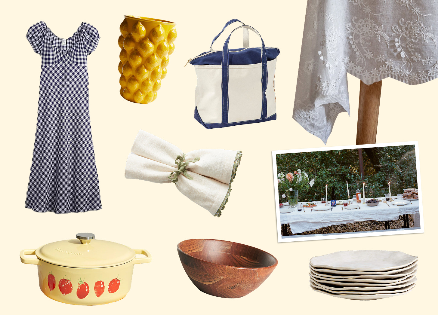 A collage of products fit for a garden-themed gathering