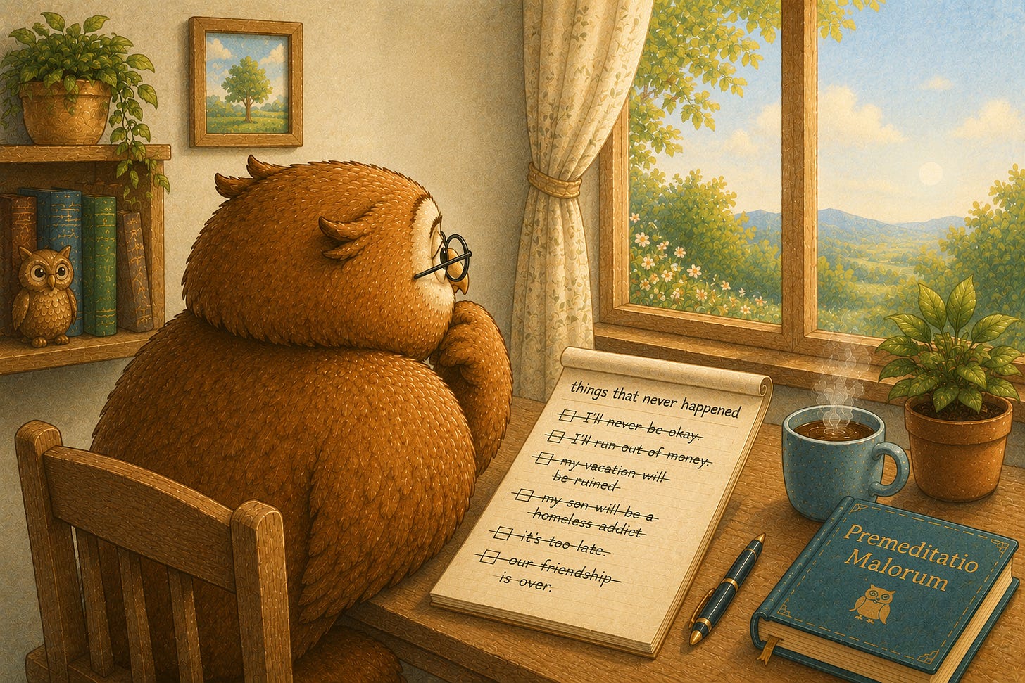 A illustrated owl wearing glasses sits at a wooden desk reviewing a scroll titled "things that never happened," with every item crossed out. A book labeled "Premeditatio Malorum" and a steaming mug sit nearby. A sunny landscape is visible through the window.