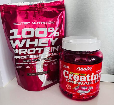 Two home cooked meals and supplements including protein and creatine prepared during a vacation stay in Tenerife.