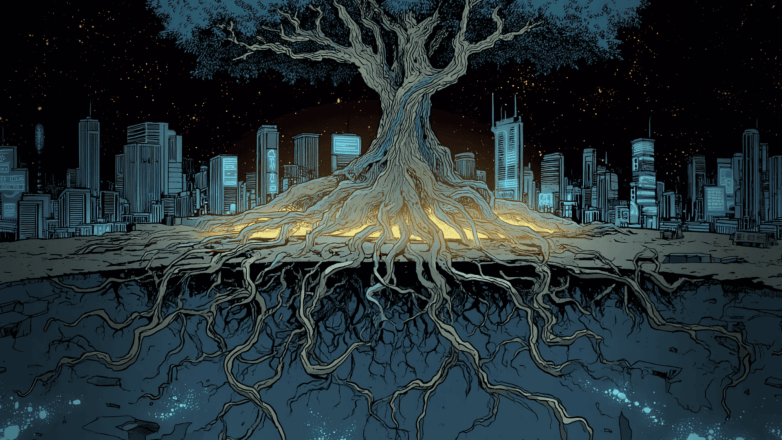 A large, detailed tree with extensive roots is depicted above a city skyline, showcasing a contrast between nature and urban life under a starry sky.
