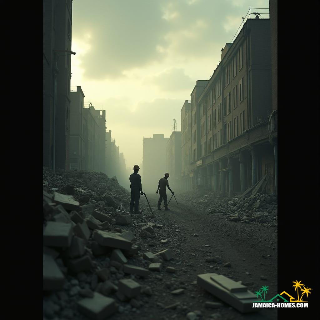  Cinematic film still, shot on v-raptor XL, film grain, vignette, color graded, post-processed, cinematic lighting, 35mm film, live-action, best quality, atmospheric, a masterpiece, epic, stunning, dramatic: A post-war Britain scene depicting urban demolition and reconstruction, with workers toiling amidst rubble under a somber, atmospheric sky. Dilapidated buildings and a desperate shortage of labor are evident. The lighting is dramatic, casting long shadows and highlighting the dust and grit.