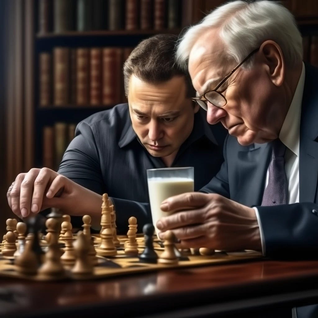 Elon Musk playing chess with Warren Buffet with both men drinking milk