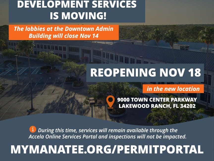 Manatee County Development Services Lobbies Close for Relocation, Reopen Nov. 18 in Lakewood Ranch