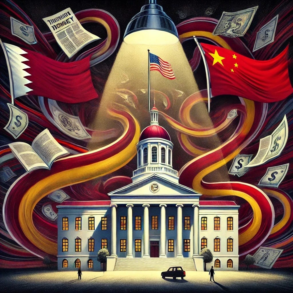 An abstract digital painting symbolizing transparency and foreign influence in American universities, with no visible text. At the center is a classic university building with pillars, a dome, and a clock tower, clearly resembling an Ivy League-style campus. The university is surrounded by swirling flags of foreign nations, all replaced with the Chinese flag—red with five yellow stars. In the background, shadows of money flow into the building and transform into books and technology. A bright spotlight from above symbolizes scrutiny and oversight. The overall color palette features red, yellow, and darker tones to emphasize ideological influence and hidden power. The art style is symbolic and intense, portraying surveillance, control, and foreign entanglements in higher education.