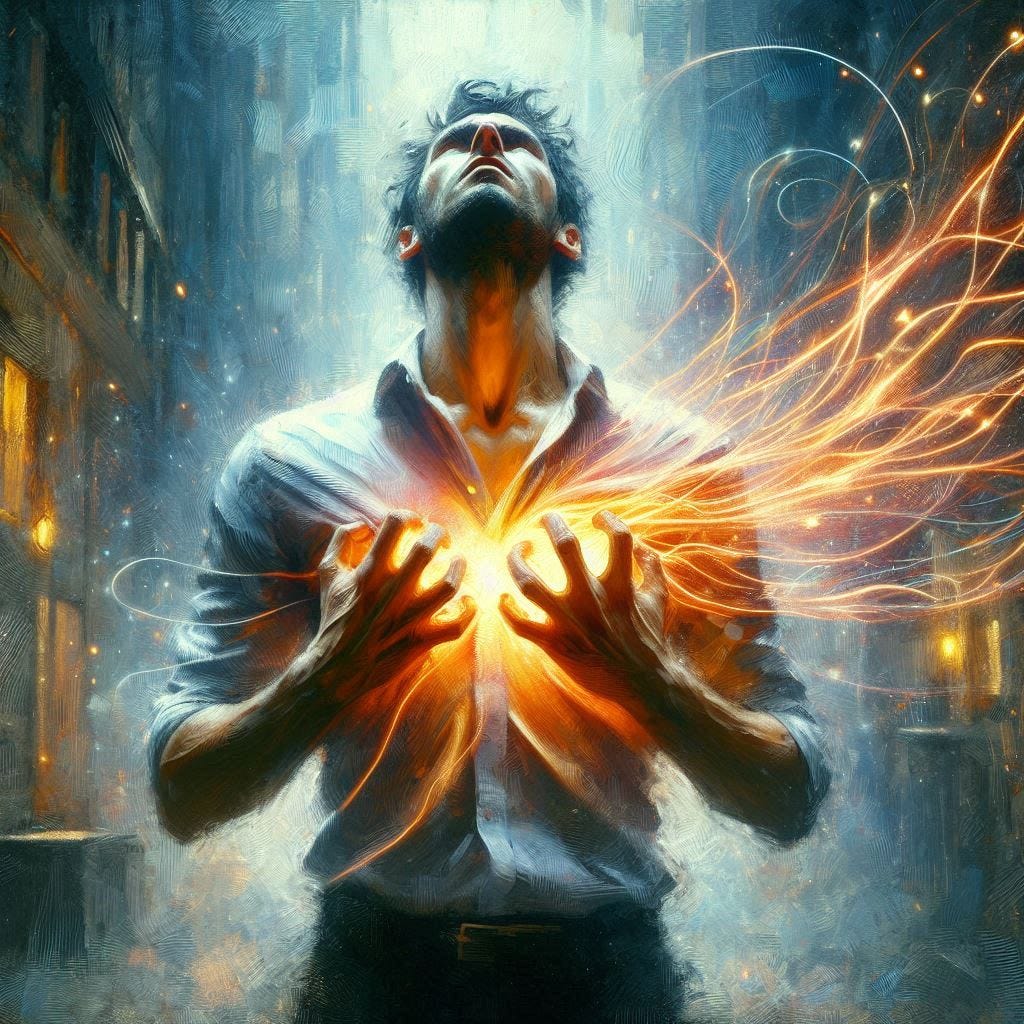 A man struggles to control a force that threatens to erupt from his chest. Glowing lines are burning through his shirt. Slight impressionist style.