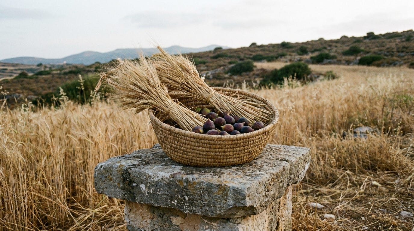 A basket of first barley sheaves and figs on a rough stone altar in a field at dawn, no text, no faces A basket of first barley sheaves and figs on a rough stone altar in a field at dawn, no text, no faces