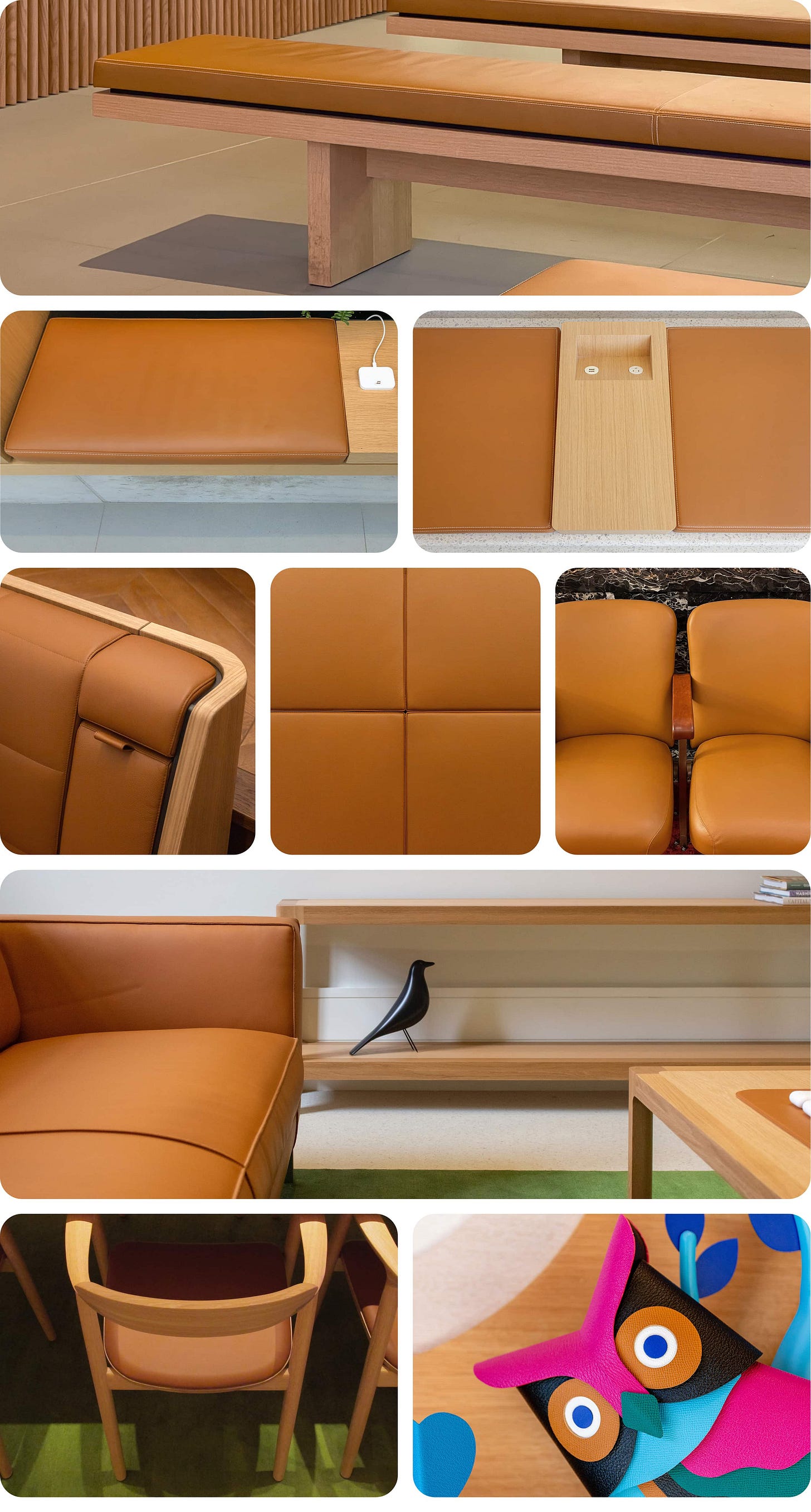 A collage of saddle brown leather fixtures found in Apple Stores.
