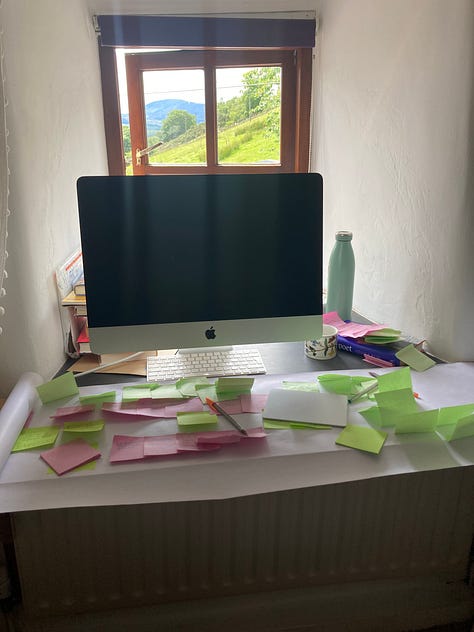 Nine photos of retreats. A white house nestling int he mountains. Chocolate cake covered in borage flowers. A window seat with books. A wooden wall in a cosy bedroom. A woman raising her arms in joy at the big sky. A person swimming in a blue lake. Four women smiling with a hill behind them. A roll top bath with candles. A computer surrounded by post it notes with a mountain view.