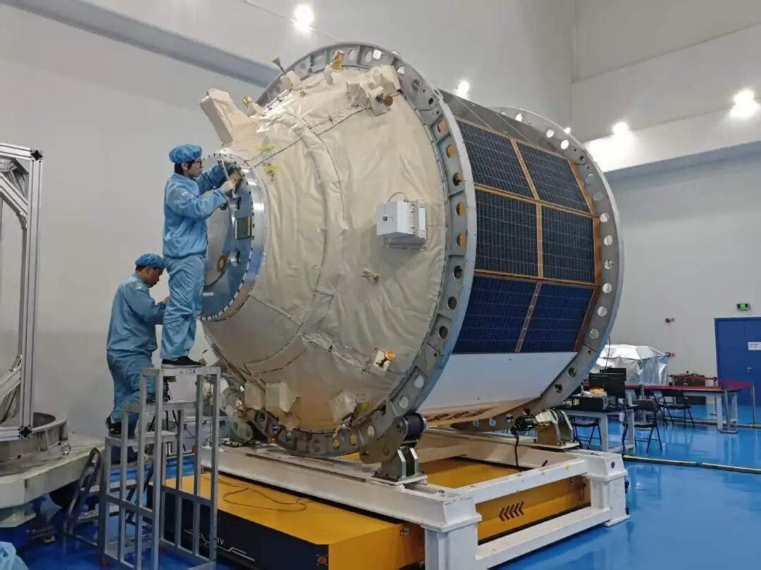 The first Qingzhou cargo spacecraft in a cleanroom in early 2026.