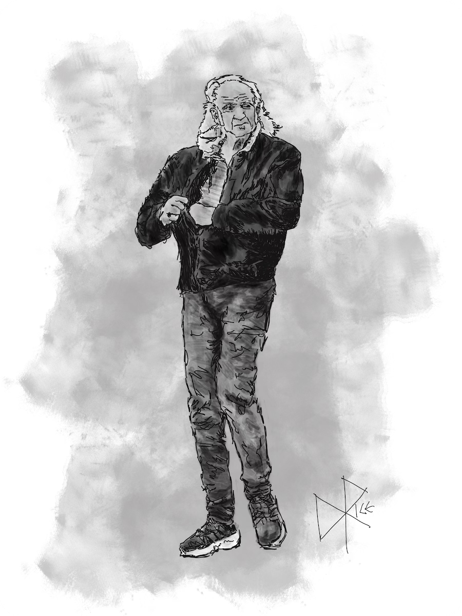 White haired elderly man reaches into his leather jacket, seeking to extract his wallet from the inside pocket. Sketch art by Don Rice.