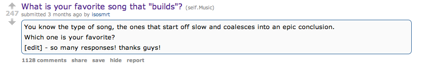 What is your favorite song that _builds_? _ Music reddit post titled 'what is your favorite song that builds'