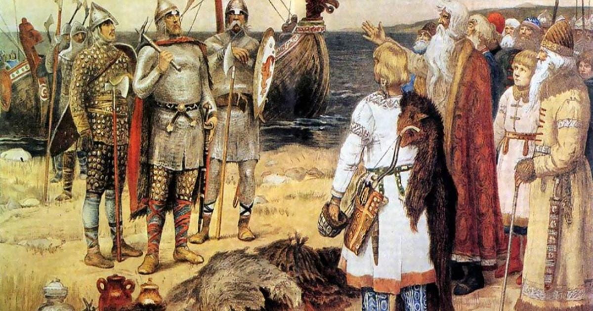The Invitation of the Varangians: Rurik and his brothers Sineus and Truvor arrive at the lands of the Ilmen Slavs at Staraya Ladoga. 