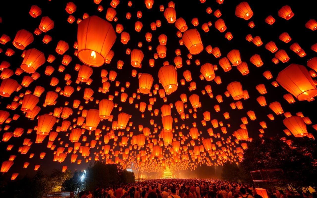 Thousands of paper lanterns rising into the night sky during Yi Peng in Chiang Mai