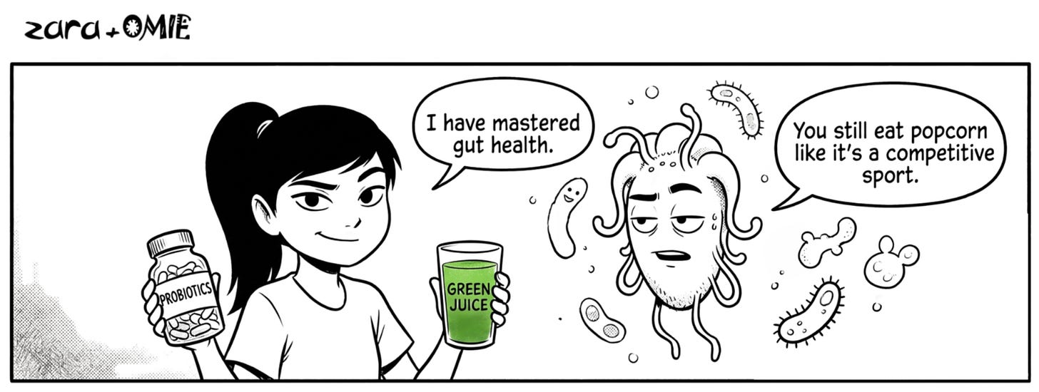 Omie questions Zara’s “gut health mastery.” Omie questions Zara’s “gut health mastery.”