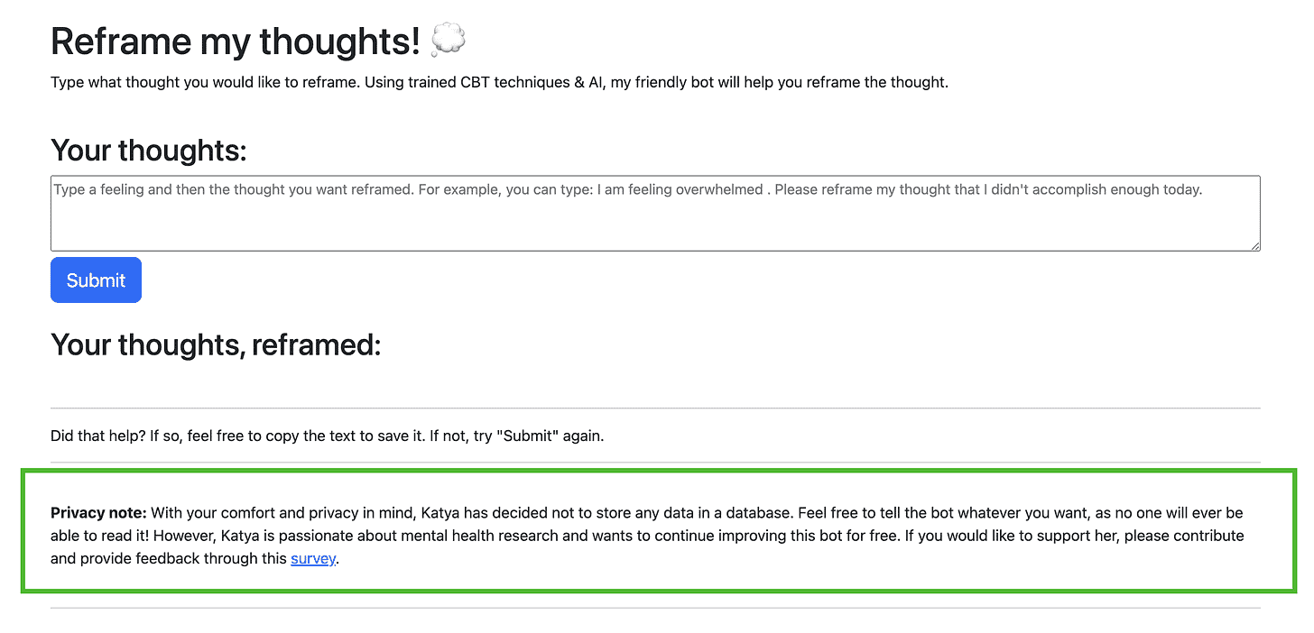 Privacy note: With your comfort and privacy in mind, Katya has decided not to store any data in a database. Feel free to tell the bot whatever you want, as no one will ever be able to read it! 