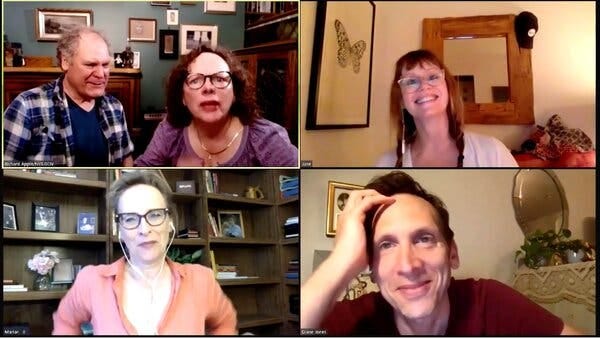 A screenshot of four scenes showing actors putting on a Zoom play; the backgrounds and their expressions vary. A screenshot of four scenes showing actors putting on a Zoom play; the backgrounds and their expressions vary.
