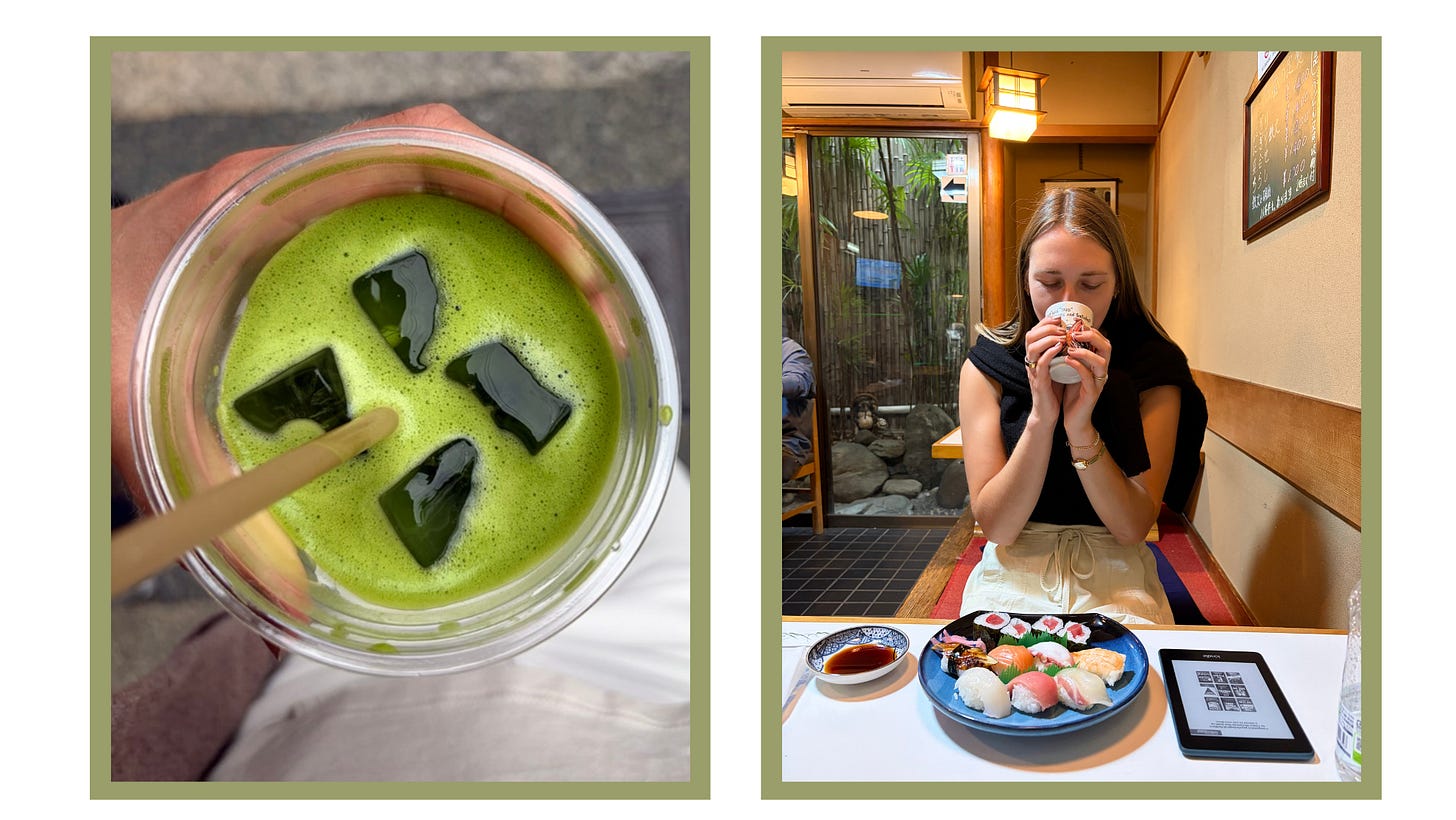bright green matcha and drinking warm tea with sushi