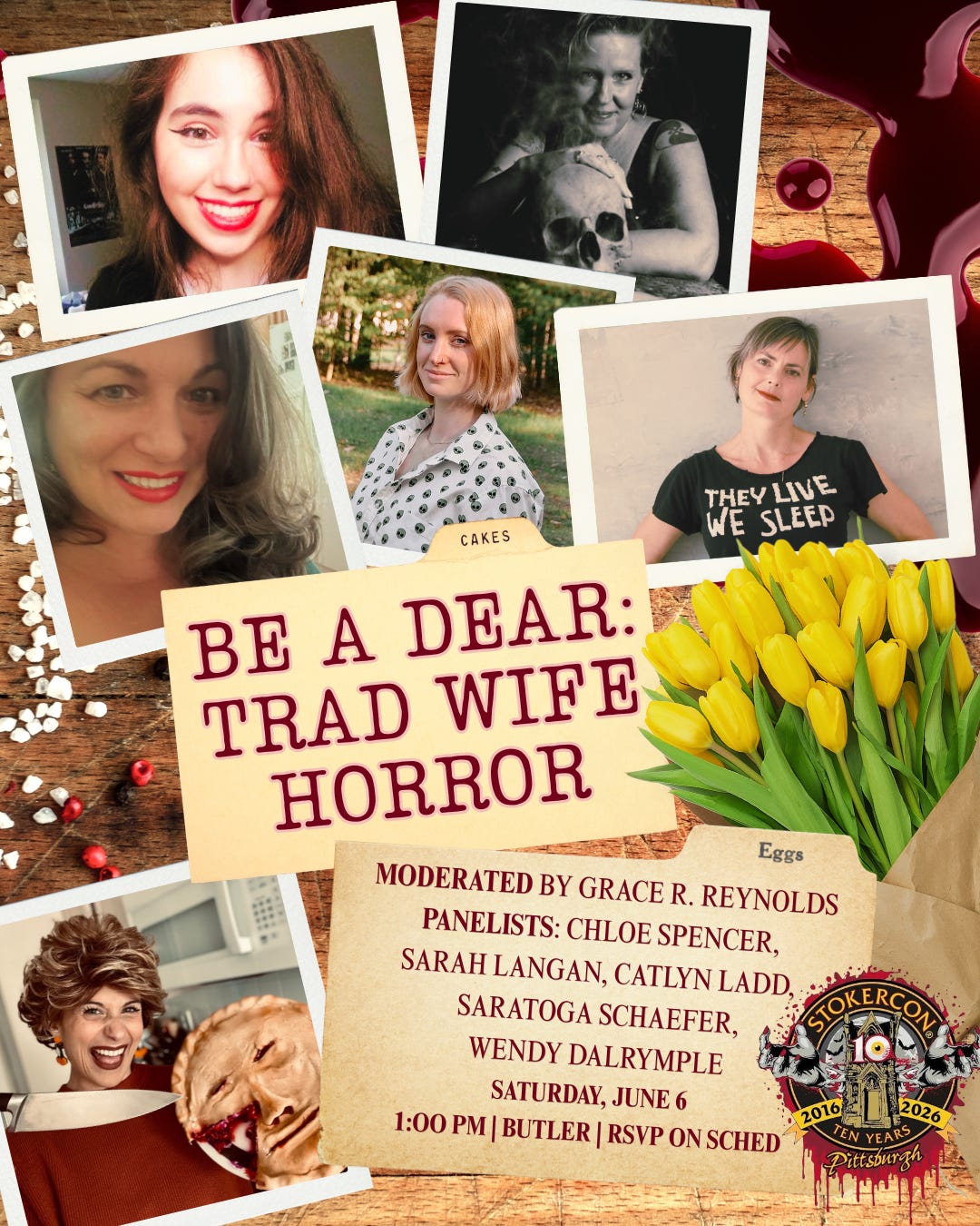 Flier for a panel featuring photos of the panelists and homey images like a bleeding pie and tulips
