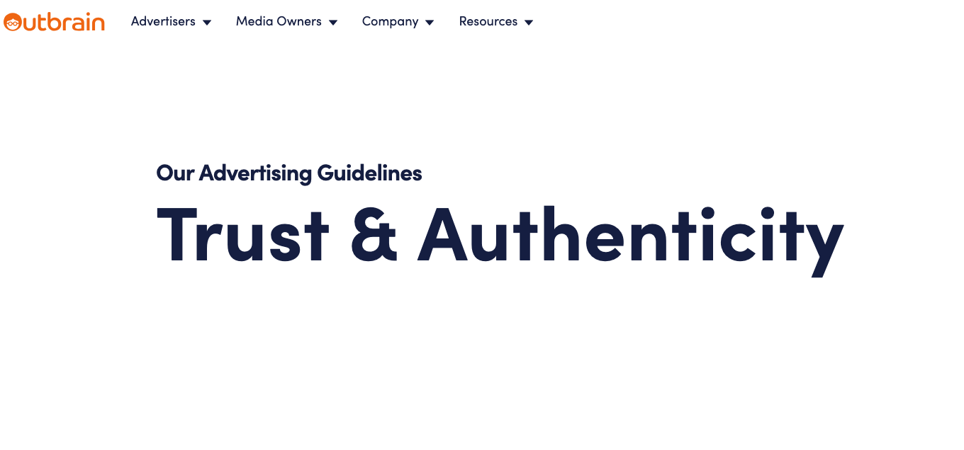 Literally the words Trust & Authenticity in massive text, screenshotted from the Outbrain website.