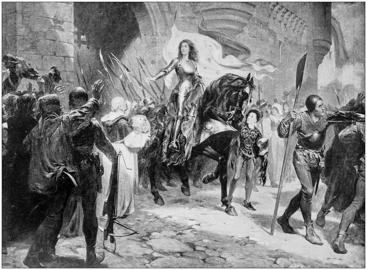 Photo of antique painting of Joan of Arc on horseback
