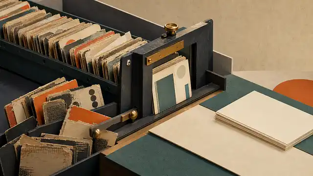 Vintage card-sorting machine feeding worn index cards beside blank paper in a warm archival workspace