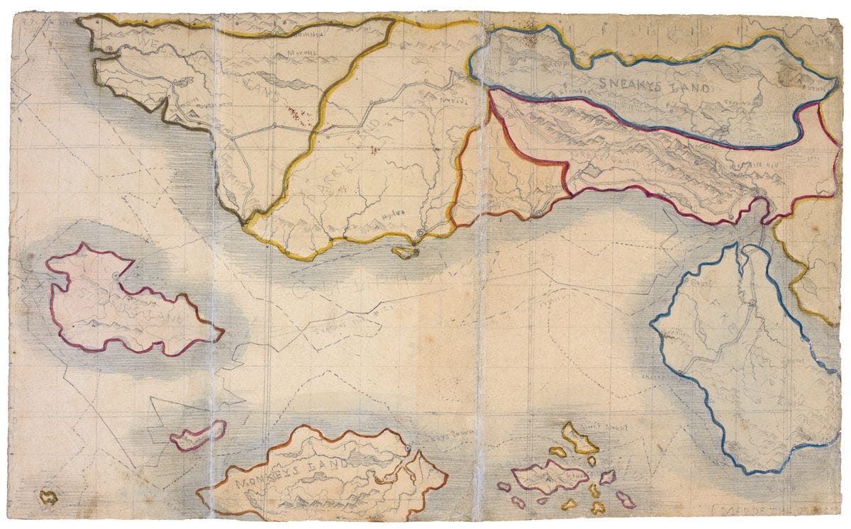 Map of Verdopolis, or Glass Town, from
<em>The History of the Young Men: From Their First
Settlement to the Present Time</em>, by Branwell
Brontë. Map of Verdopolis, or Glass Town, from
<em>The History of the Young Men: From Their First
Settlement to the Present Time</em>, by Branwell
Brontë.