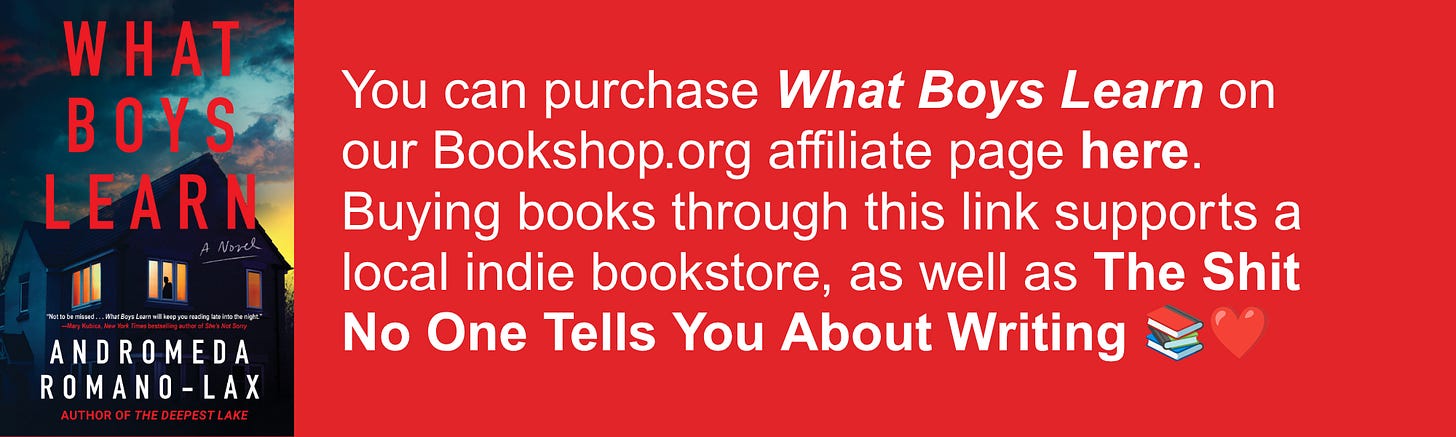 You can purchase What Boys Learn on our Bookshop.org affiliate page here. Buying books through this link supports a local indie bookstore, as well as The Shit No One Tells You About Writing 📚❤️