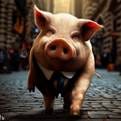 A pig in a suit walking on a brick road

Description automatically generated
