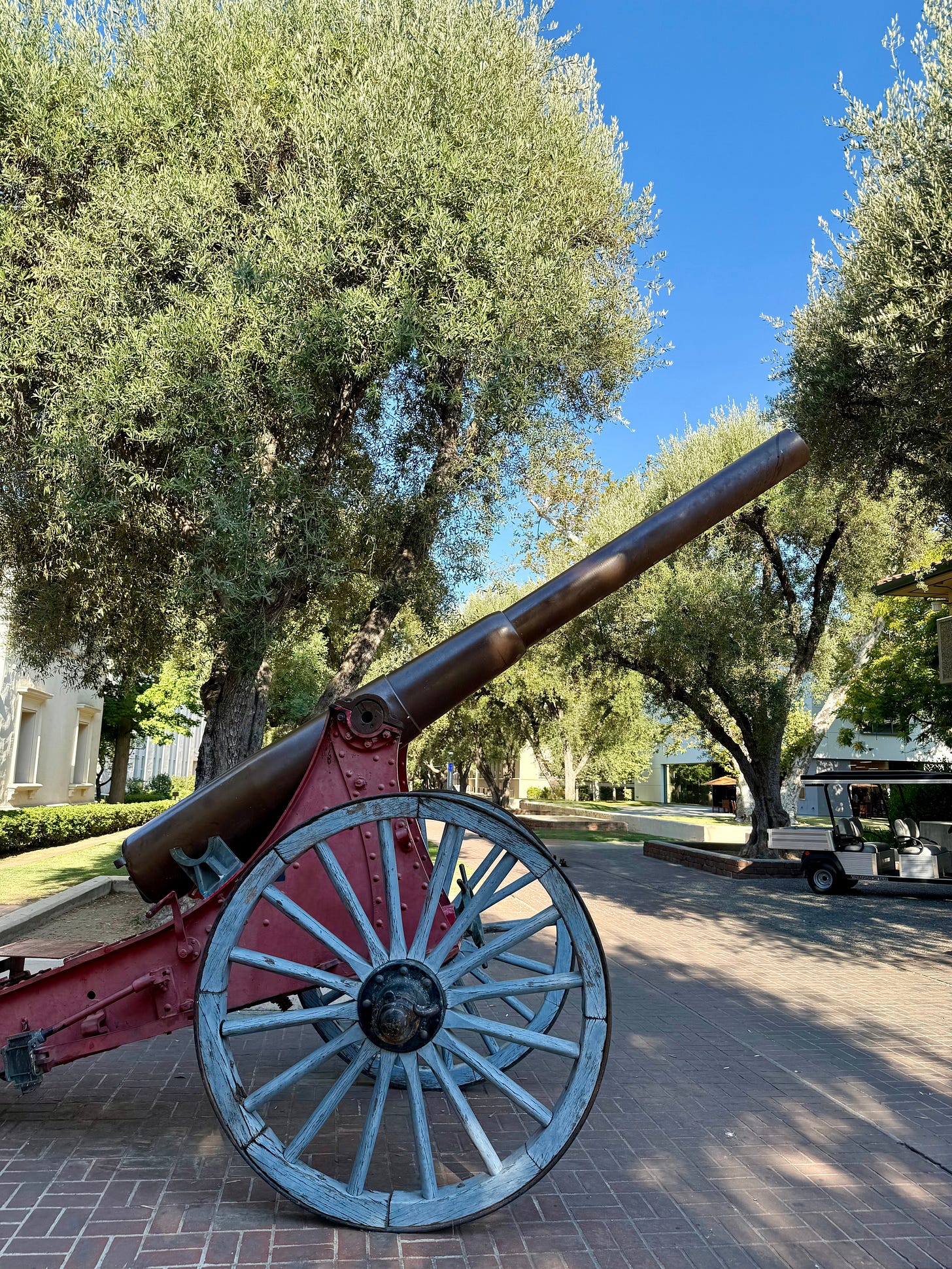 Old cannon on a red metal base, pointing upwards. It sits in an idyllic tree-lined promenade. White buildings are visible on the edges of the photo.