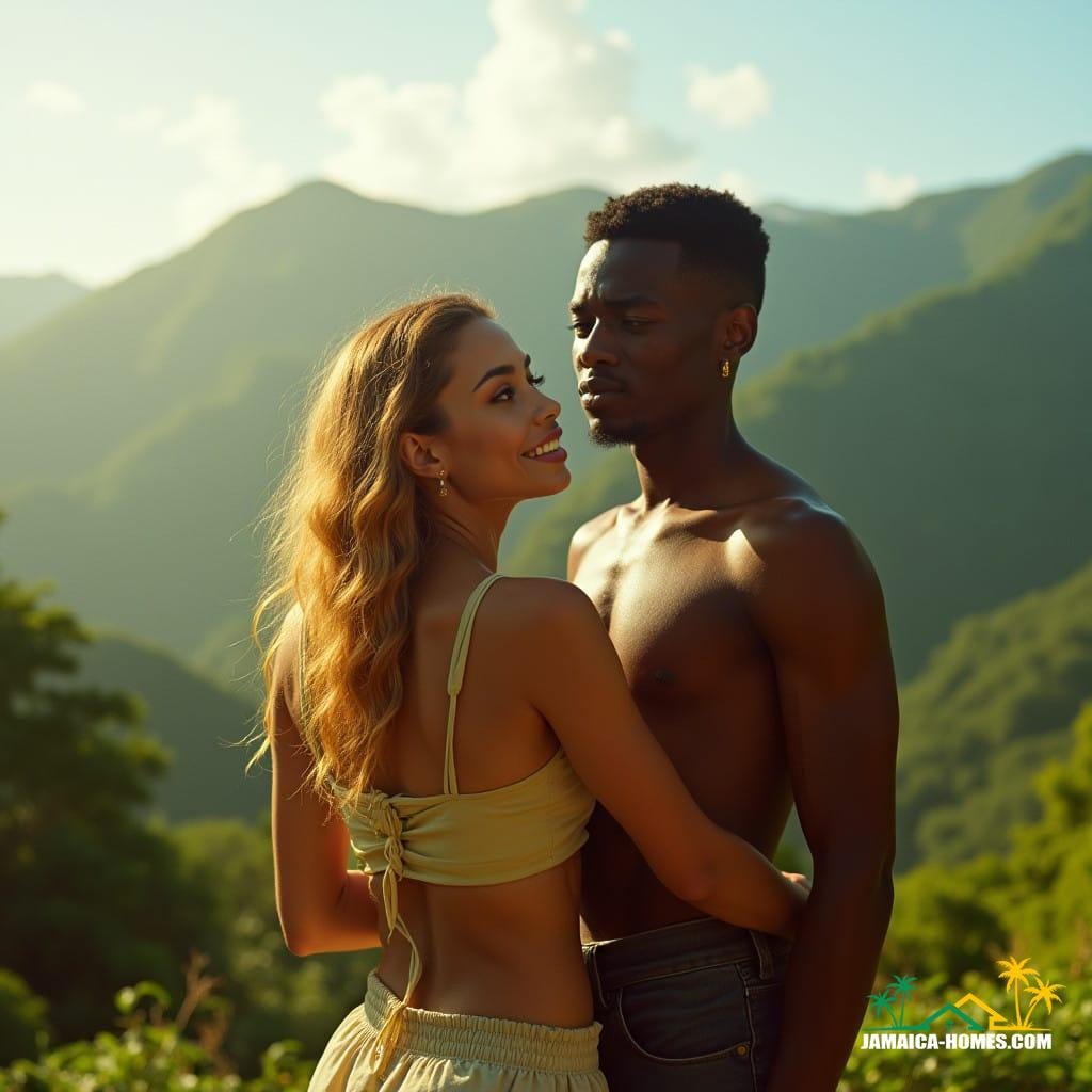  A handsome young man and a breathtakingly beautiful woman, with a warm golden glow on their sun-kissed skin, standing together in a lush Jamaican landscape, surrounded by vibrant green hills and a brilliant blue sky, with a hint of misty atmosphere. The woman's stunning features are accentuated by the soft, warm light, her bright smile and sparkling eyes capturing the essence of island beauty. The man's rugged charm and gentle gaze complement her perfectly, as they share a moment of contemplation, reflecting on the economic realities and employment challenges they face in their new Caribbean home. Cinematic film still, reminiscent of the works of Terrence Malick, shot on 35mm film, with a nostalgic V-Raptor XL aesthetic, complete with film grain, vignette, and a rich color grade, evoking the warmth and texture of a bygone era. The lighting is dramatic and atmospheric, with deep shadows and soft highlights, creating a sense of depth and emotion, as if captured by the masterful lens of cinematographer Roger Deakins.