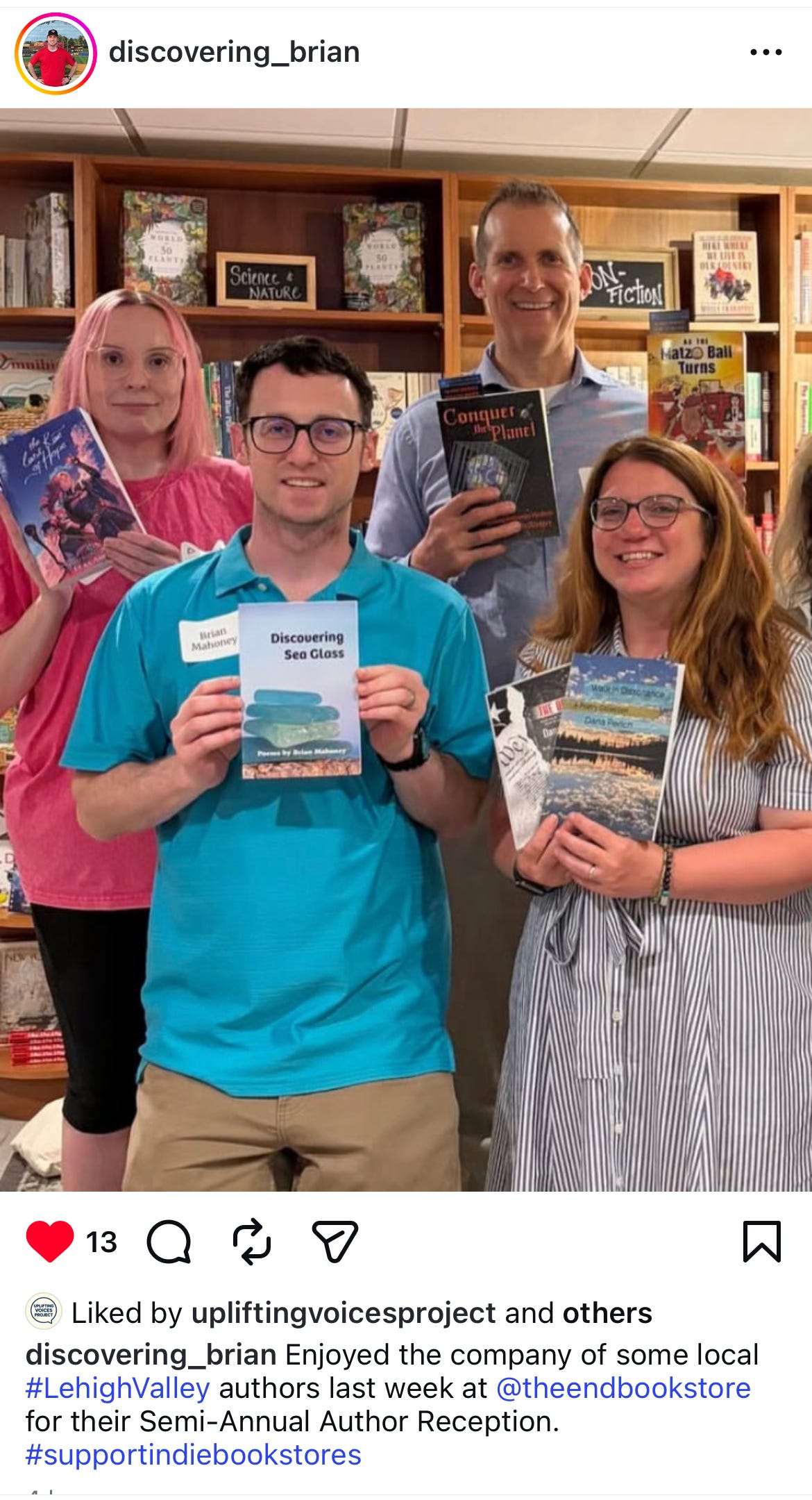 Social media post featuring Brian and some other local authors at the bookstore