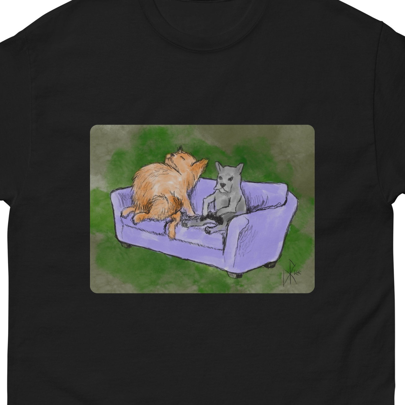 Cartoon of a fat sleeping cat and a video game playing dog, on a couch. Sketch art by Don Rice. Cartoon of a fat sleeping cat and a video game playing dog, on a couch. Sketch art by Don Rice.
