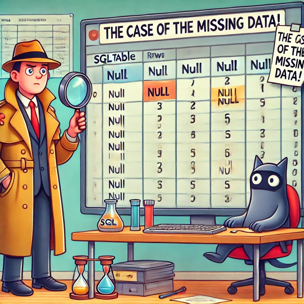 A humorous illustration of a SQL table with rows and columns, where one column has cells labeled 'NULL' and a quirky detective wearing a trench coat and magnifying glass is investigating the 'NULL' cells, with a caption saying 'The Case of the Missing Data!' The setting is lighthearted, cartoonish, and office-themed, with some coding elements in the background. A humorous illustration of a SQL table with rows and columns, where one column has cells labeled 'NULL' and a quirky detective wearing a trench coat and magnifying glass is investigating the 'NULL' cells, with a caption saying 'The Case of the Missing Data!' The setting is lighthearted, cartoonish, and office-themed, with some coding elements in the background.