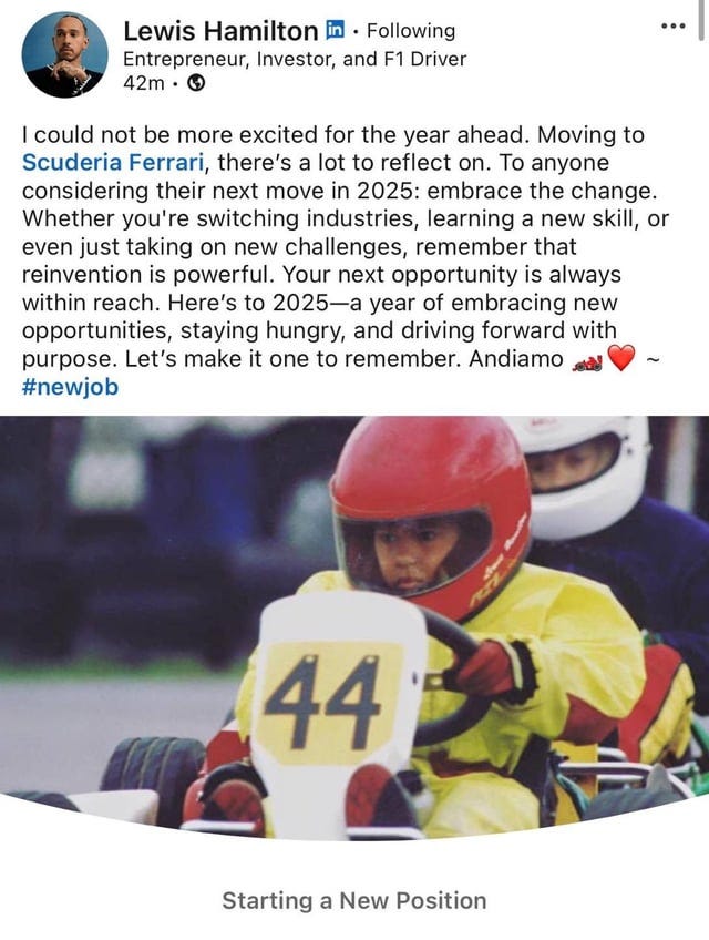 Lewis Hamilton's post on Linkedin. : r/formula1 Lewis Hamilton's post on Linkedin. : r/formula1