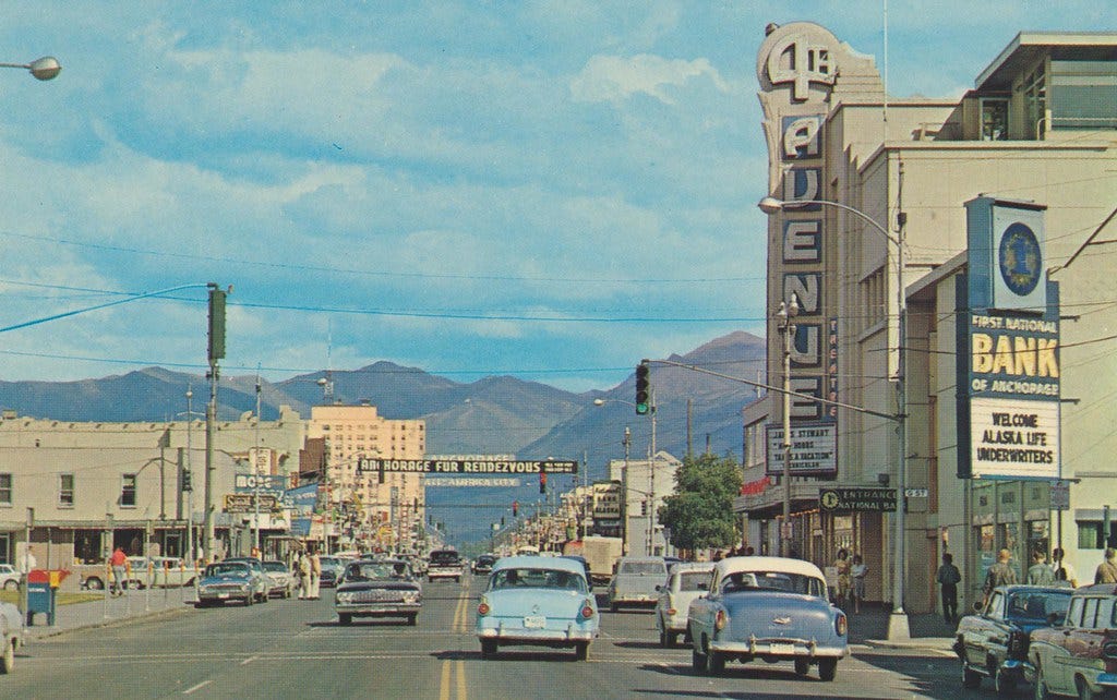 4th Avenue in downtown Anchorage, Alaska looking east toward the mountains. 4th Avenue in downtown Anchorage, Alaska looking east toward the mountains.