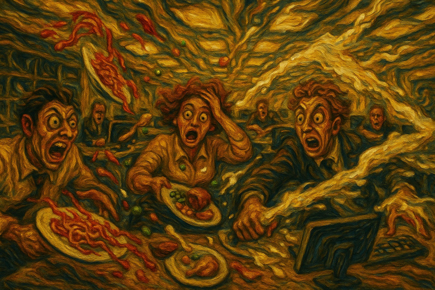 Expressionist oil painting of a chaotic food fight in a busy office. Employees with wide, distorted eyes scream as plates of spaghetti, peas, and drinks fly across swirling desks and computers. Thick, fiery brushstrokes in yellows, oranges, and blues create a nightmarish, frenzied atmosphere.