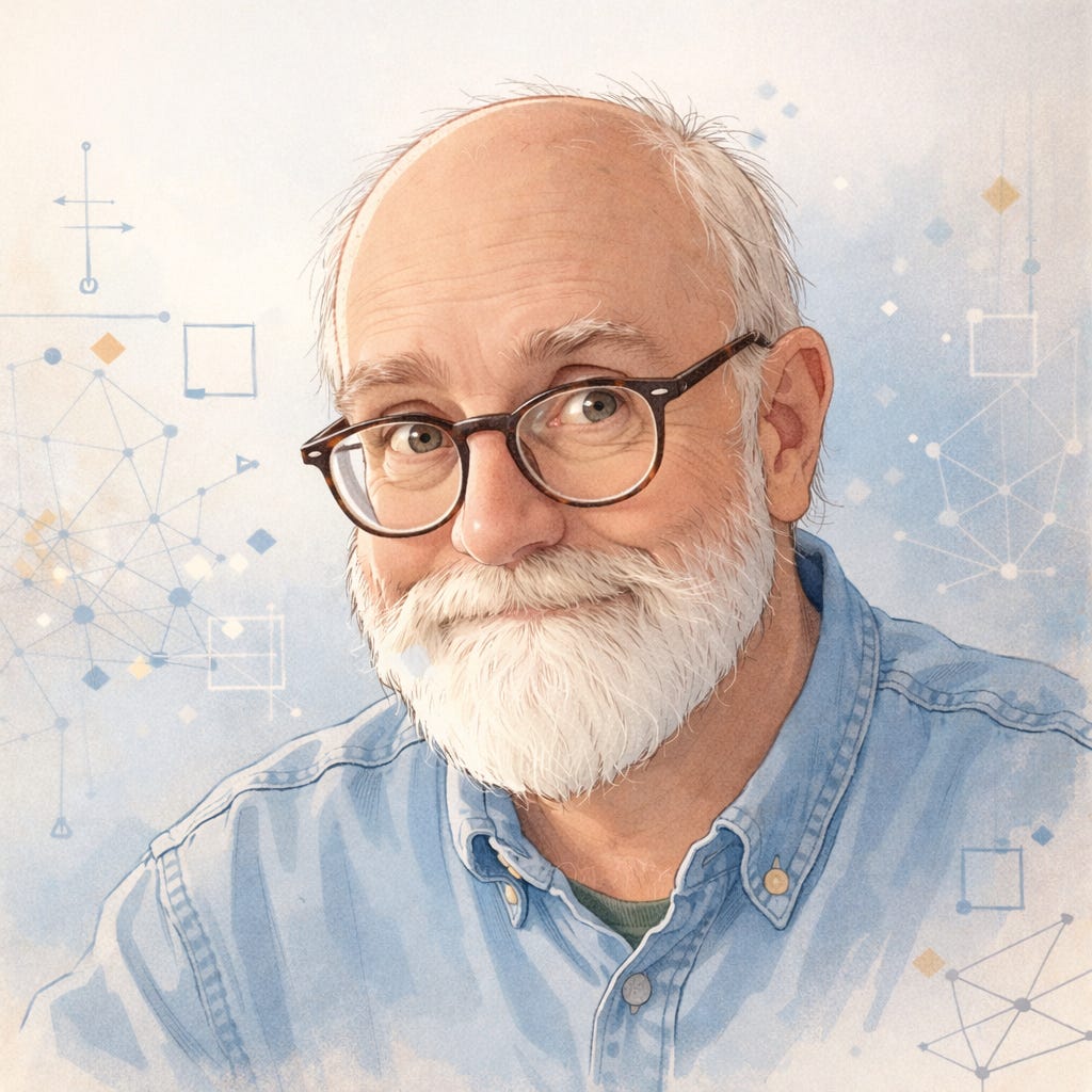 Illustrated portrait of an older, bald man with round eyeglasses and a full white beard, shown from the shoulders up. He wears a light blue button-down shirt and has a calm, gently amused expression, suggesting curiosity and approachability. The style is refined and editorial rather than photorealistic, with soft linework and muted colors. An uncluttered background features faint geometric shapes, network-like lines, and subtle annotation marks that quietly suggest scholarly thinking and human–AI collaboration without drawing focus away from the person. Illustrated portrait of an older, bald man with round eyeglasses and a full white beard, shown from the shoulders up. He wears a light blue button-down shirt and has a calm, gently amused expression, suggesting curiosity and approachability. The style is refined and editorial rather than photorealistic, with soft linework and muted colors. An uncluttered background features faint geometric shapes, network-like lines, and subtle annotation marks that quietly suggest scholarly thinking and human–AI collaboration without drawing focus away from the person.