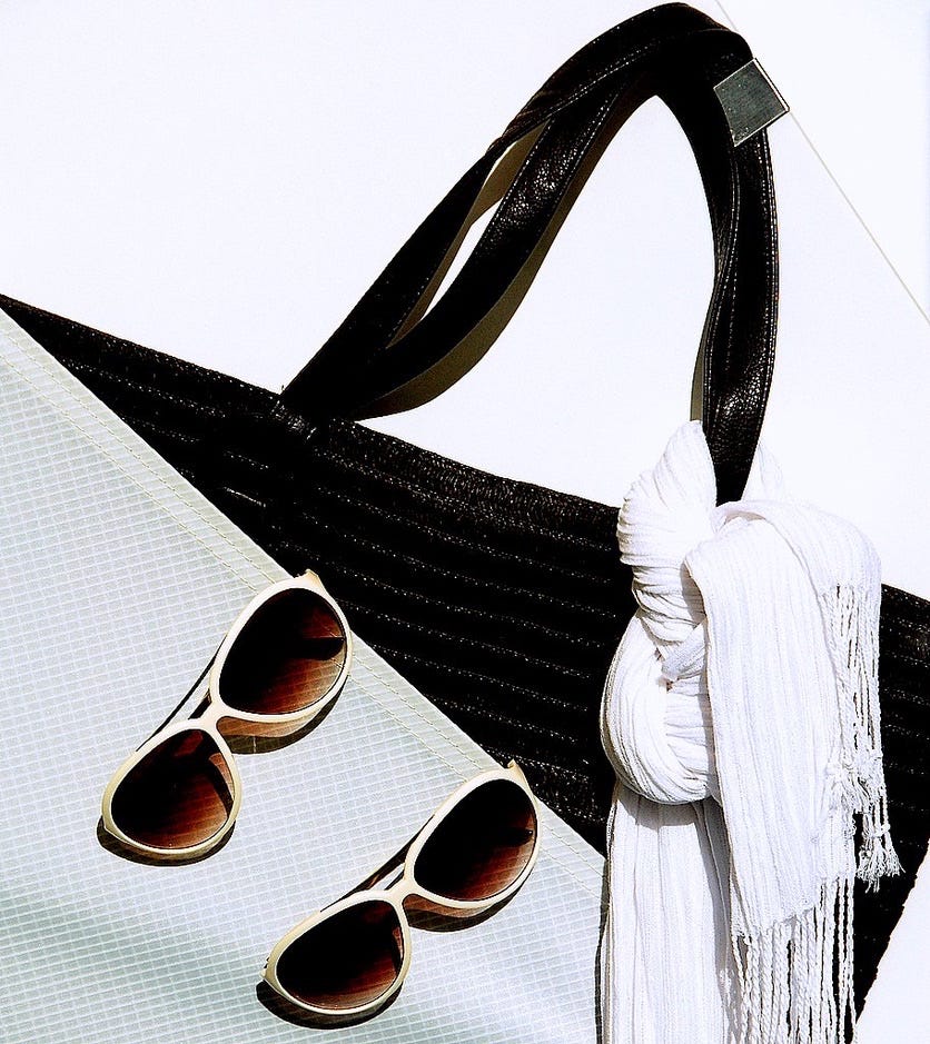A bag with sunglasses and a scarf

Description automatically generated