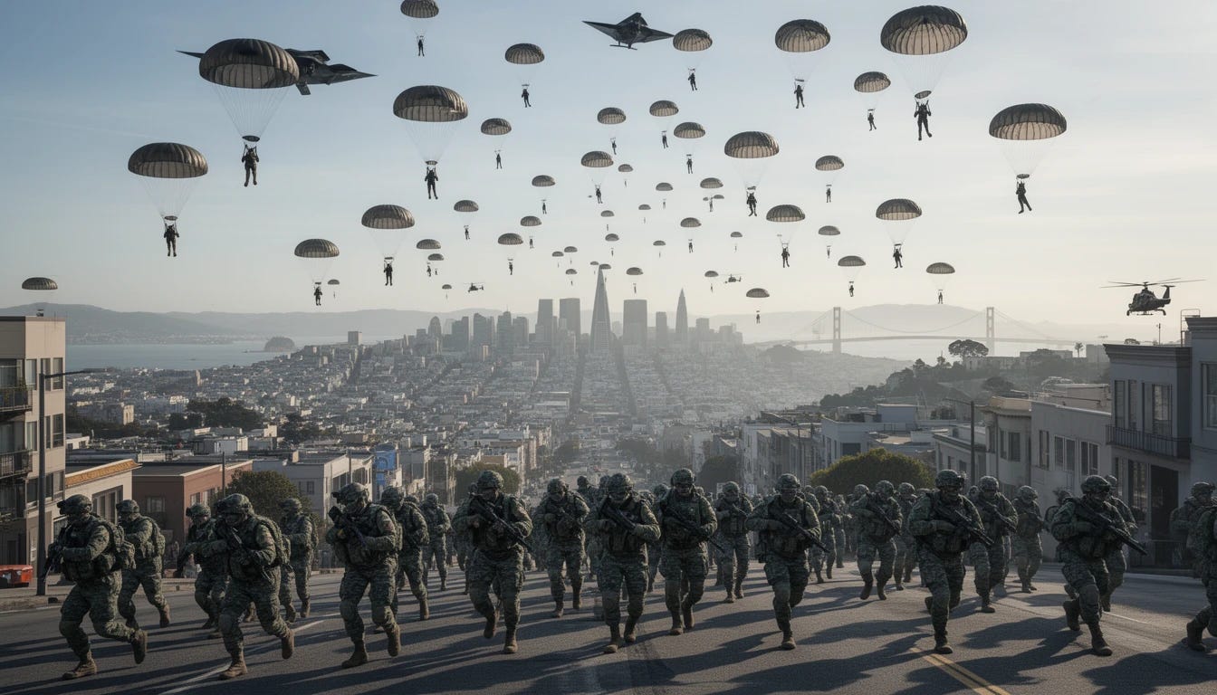 Chinese paratroopers engaging in a massive air drop and engaging in military operations on the streets of San Francisco 